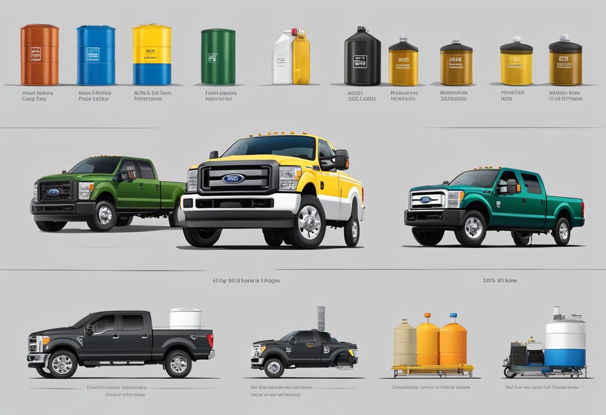 The Ford F-350 oil type changes yearly. Illustrate various oil containers labeled with different year models