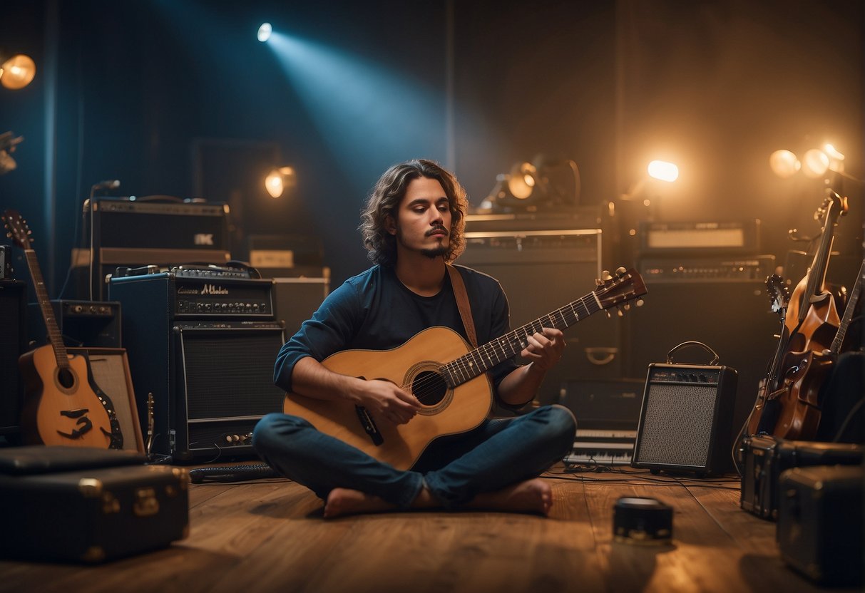 A serene figure sits cross-legged, surrounded by diverse musical instruments. Soft lighting and peaceful ambiance fill the room