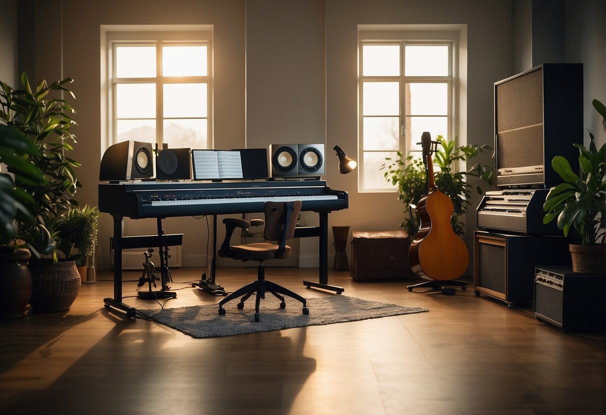 A serene studio with soft lighting, musical instruments, and recording equipment. Peaceful ambiance with nature-inspired decor