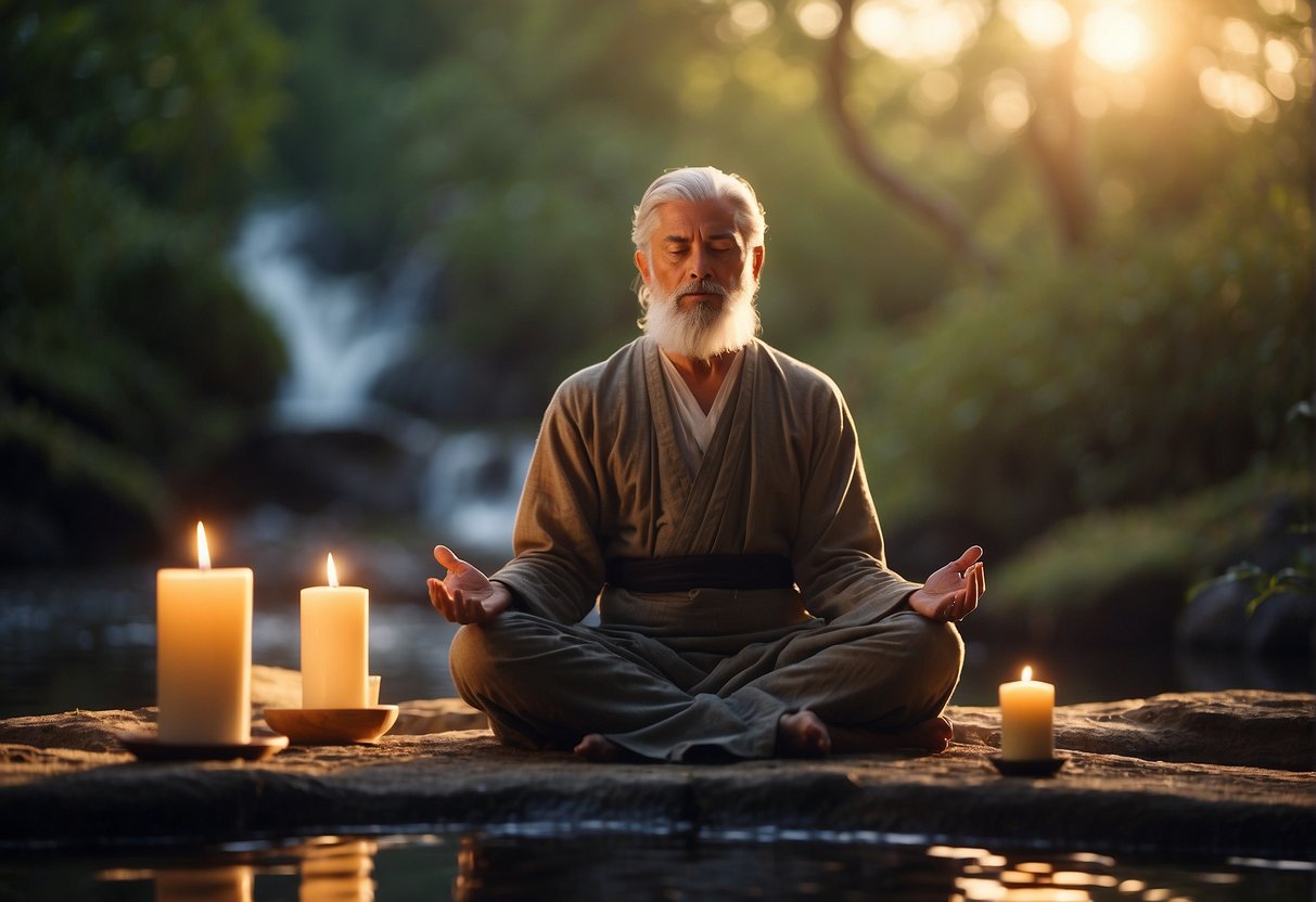 A serene figure sits cross-legged, surrounded by soft candlelight and incense. A gentle stream of meditation music fills the air, creating a peaceful and tranquil atmosphere