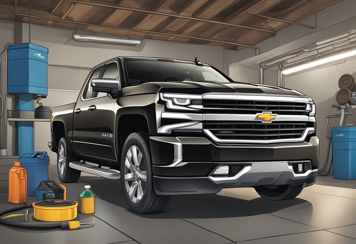 A Chevrolet Silverado 1500 sits on a clean garage floor, with a mechanic pouring oil into the engine. A stack of oil containers sits nearby, emphasizing the importance of proper oil capacity
