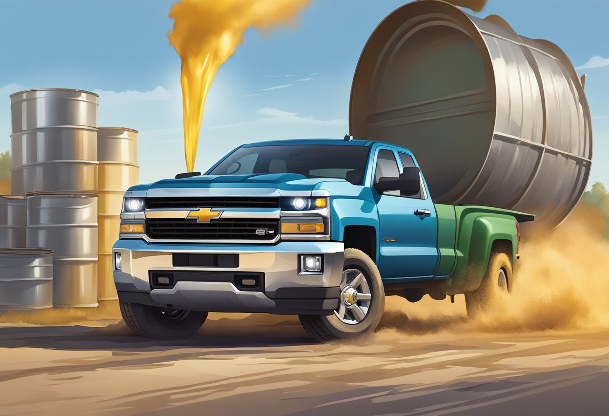 A Chevrolet Silverado truck parked next to an oil drum, with the hood open and oil being poured into the engine