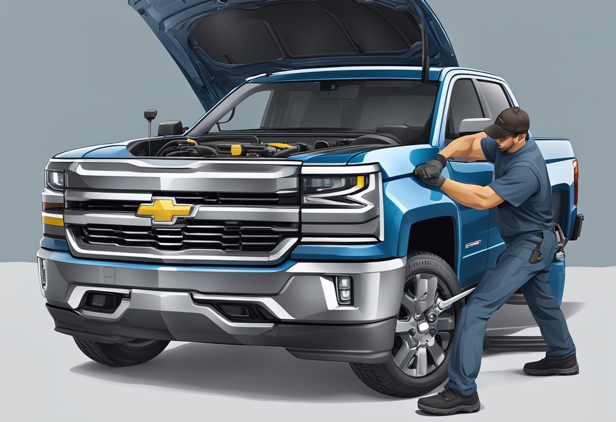 A mechanic pours oil into a Chevrolet Silverado 1500 engine, following the technical specifications for the oil capacity, showcasing the innovative design of the vehicle