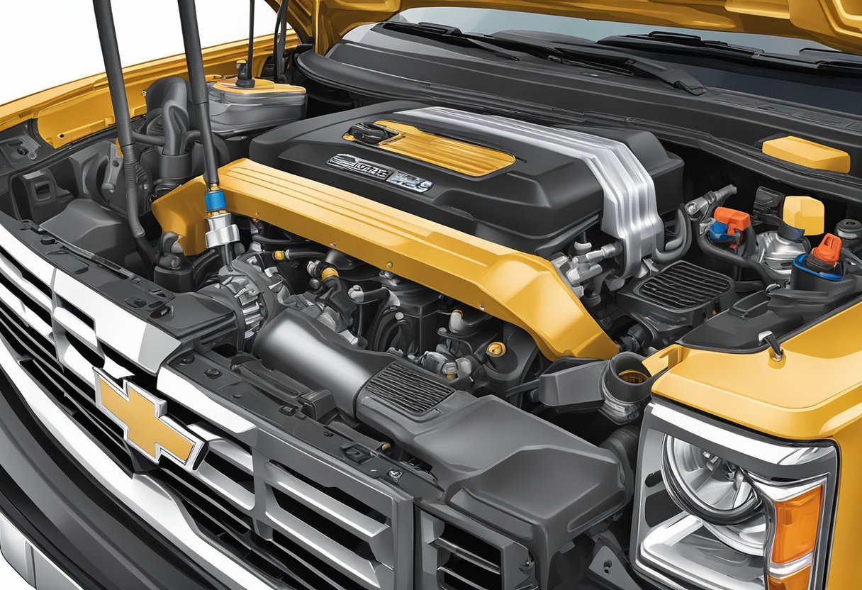 A mechanic pours 5W-30 motor oil into a Chevrolet Silverado 1500 engine, with an oil filter and wrench nearby