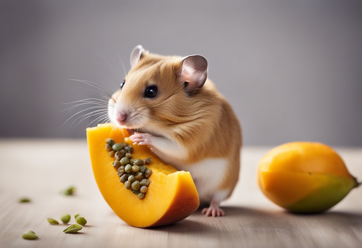 A hamster nibbles on a slice of ripe mango, its small paws holding the fruit as it takes a bite