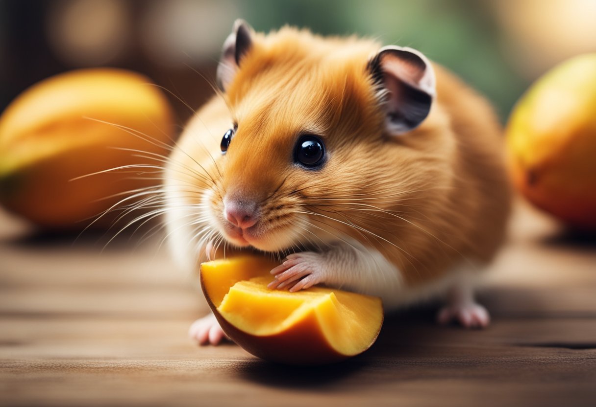 A hamster eagerly nibbles on a juicy mango slice, showcasing its nutritional benefits