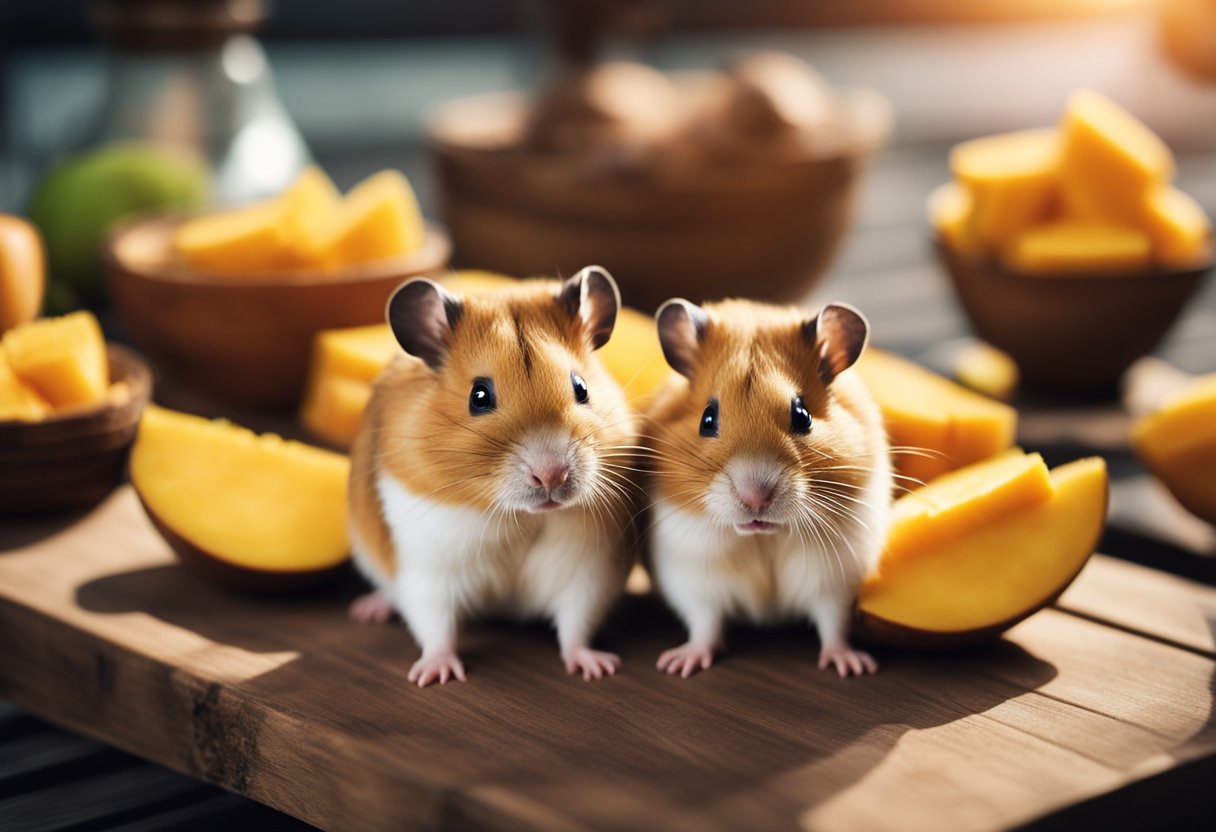 Hamsters eating mango slices on a wooden platform