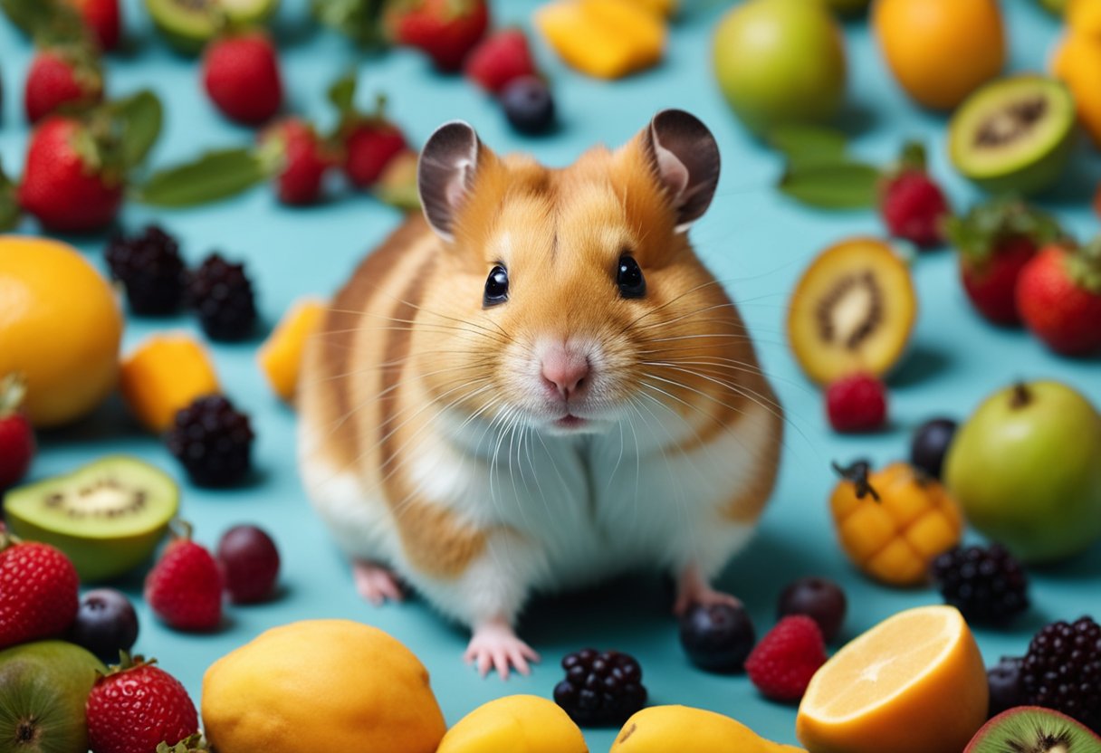 A hamster surrounded by a variety of fruits, including a mango, with a curious expression on its face
