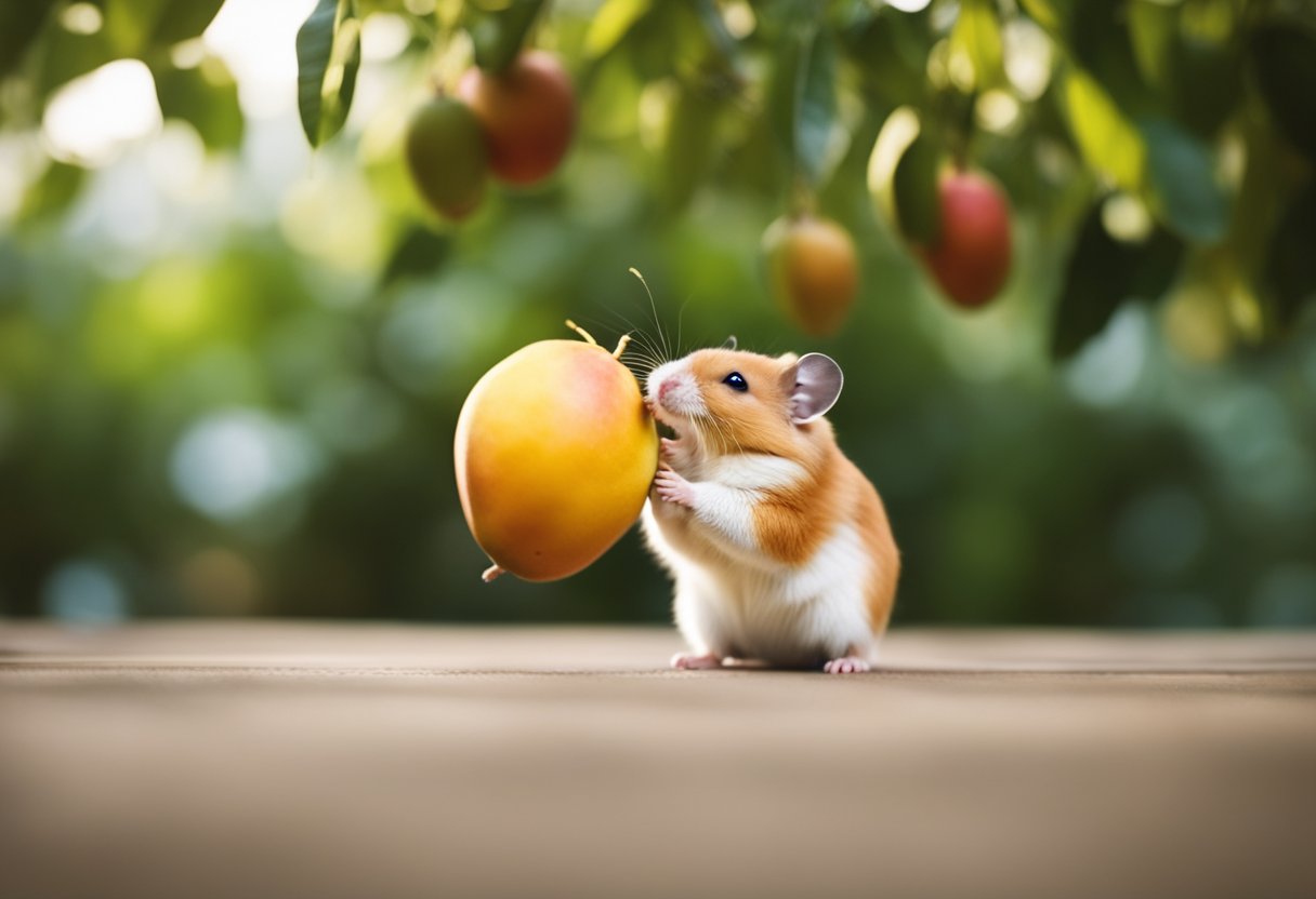 A curious hamster sniffs a ripe mango, its tiny paws reaching out to touch the juicy fruit