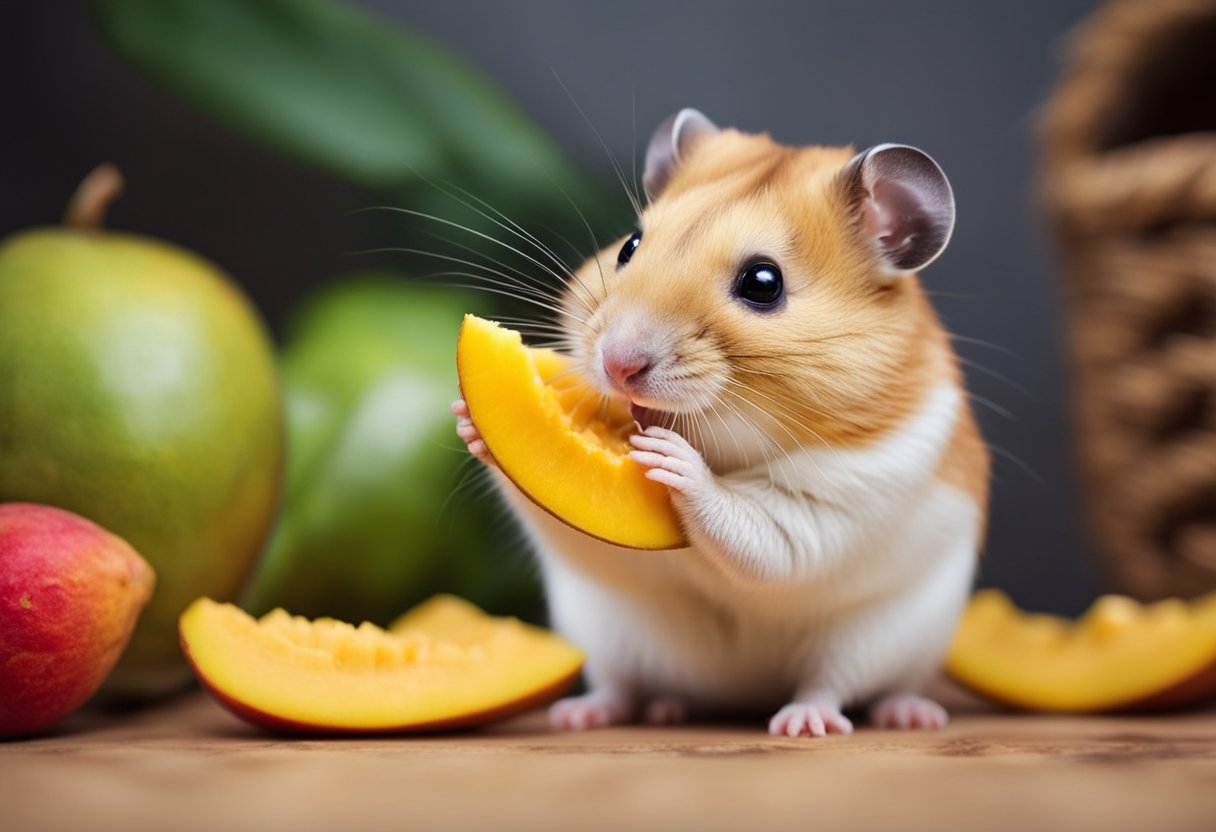 A hamster eagerly nibbles on a slice of juicy mango, its tiny paws holding the fruit steady as it savors the sweet, tropical flavor