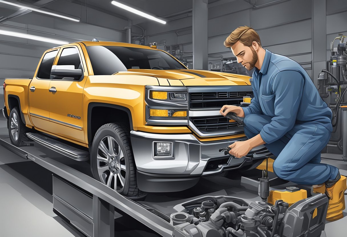 The mechanic pours the recommended oil into the Silverado's engine, ensuring proper maintenance for optimal performance