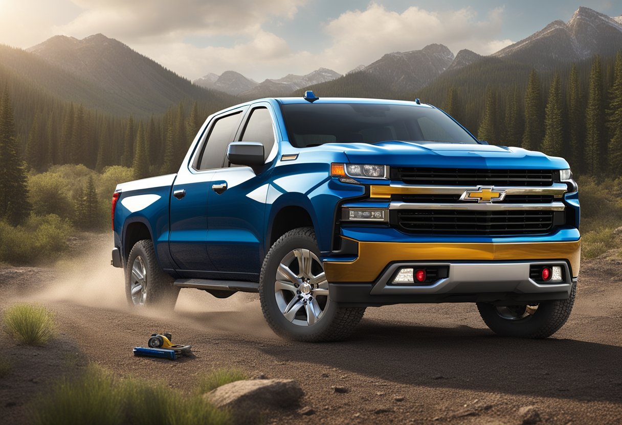 A Chevrolet Silverado 1500 sits on a rugged terrain, with the hood popped open. A bottle of Advanced Oil Technologies and Additives oil is being poured into the engine by a mechanic