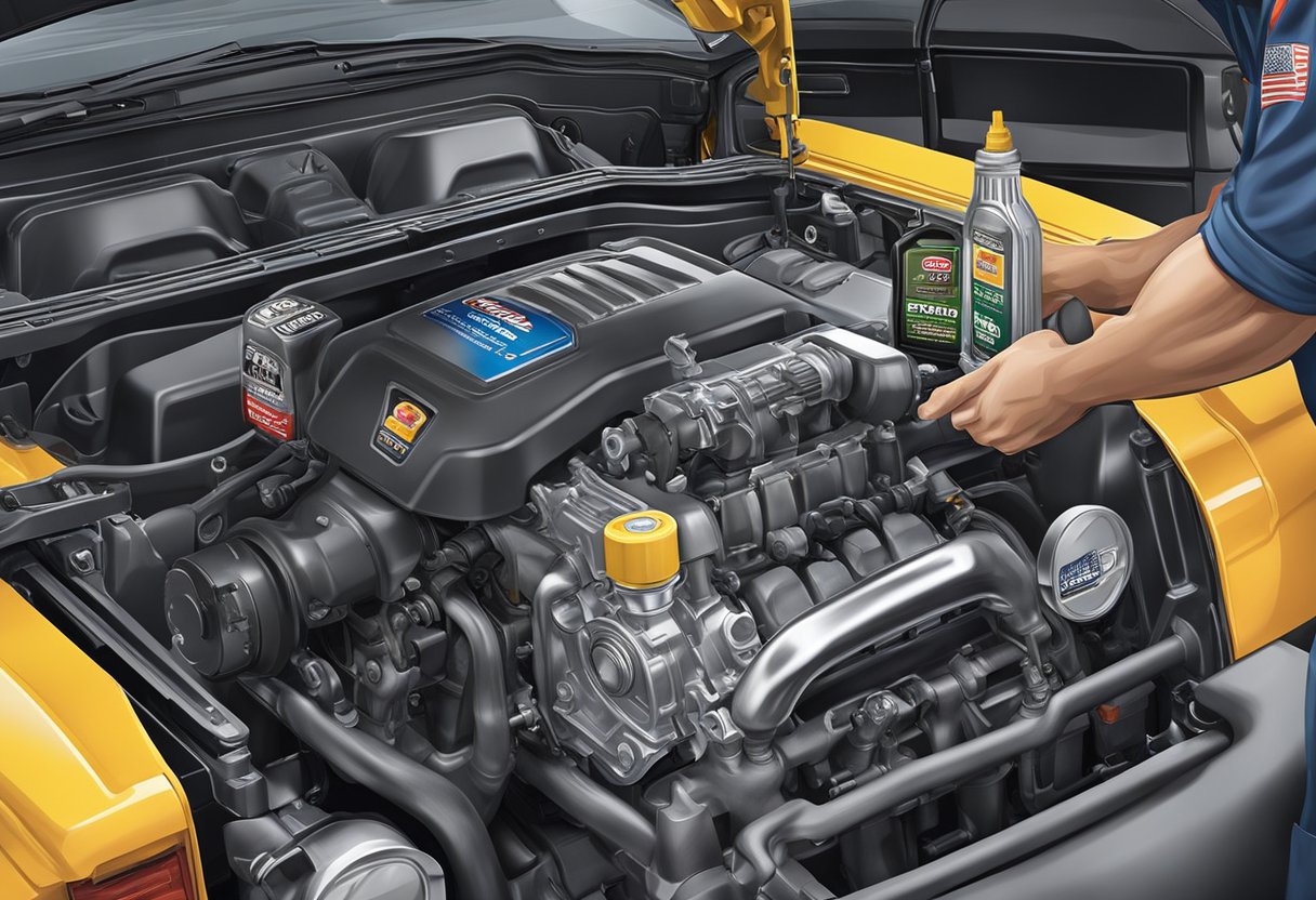 A mechanic pouring specified oil into a Chevrolet Silverado 1500 engine, with various oil types and price tags displayed in the background