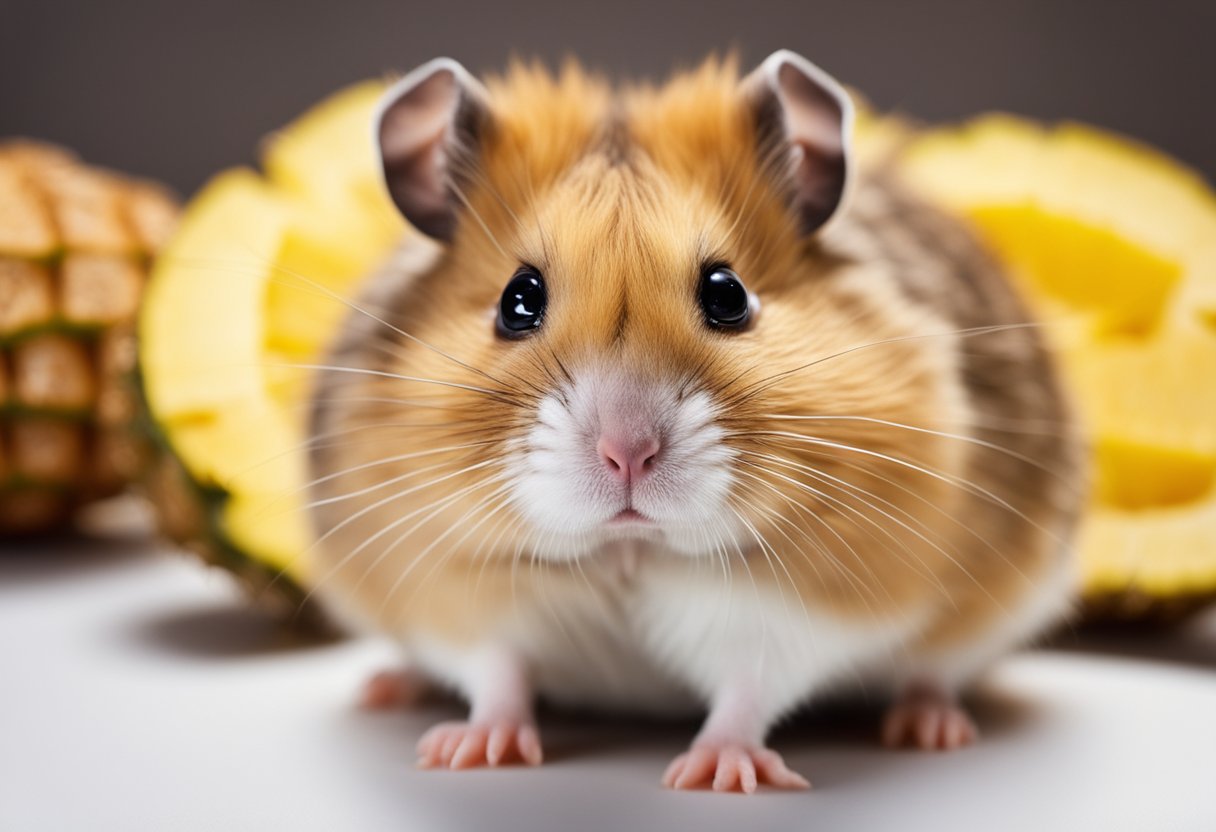 A hamster nibbles on a slice of juicy pineapple, its cheeks bulging with the sweet fruit