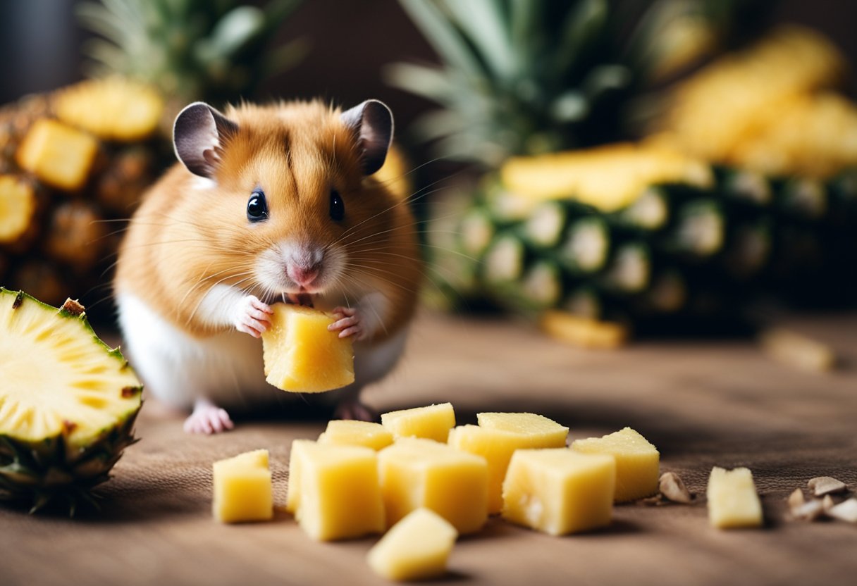 A hamster sits near a pile of fresh pineapple chunks, sniffing and nibbling on them with curiosity