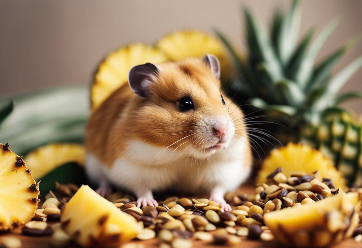 A hamster surrounded by pineapple chunks, seeds, and leaves