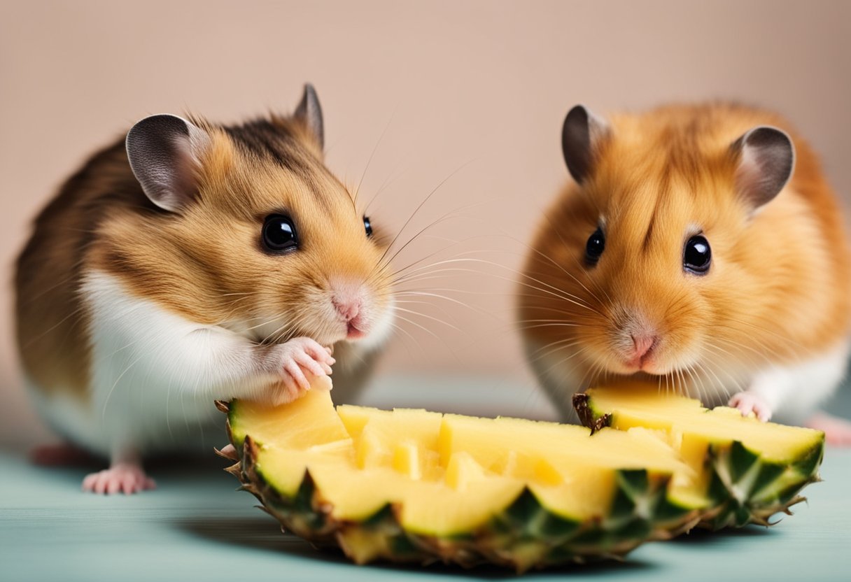 A curious hamster sniffs a piece of pineapple, while another one nibbles on a slice
