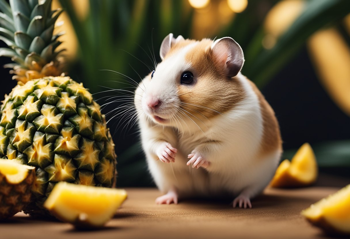 A hamster sitting next to a slice of pineapple, with a question mark hovering above its head