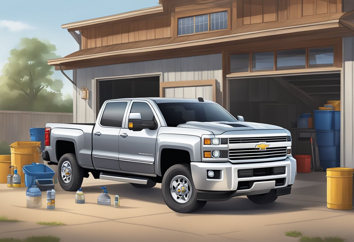 A Chevrolet Silverado 2500 parked on a level surface, with the hood open and a funnel inserted into the oil fill port. A container of motor oil and a rag are nearby