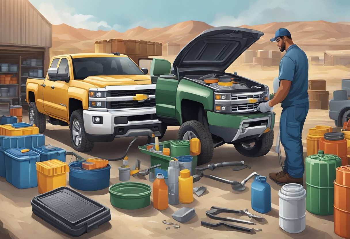 A mechanic pours oil into a Chevrolet Silverado 2500, while another replaces the filters. Empty containers and tools are scattered around the work area