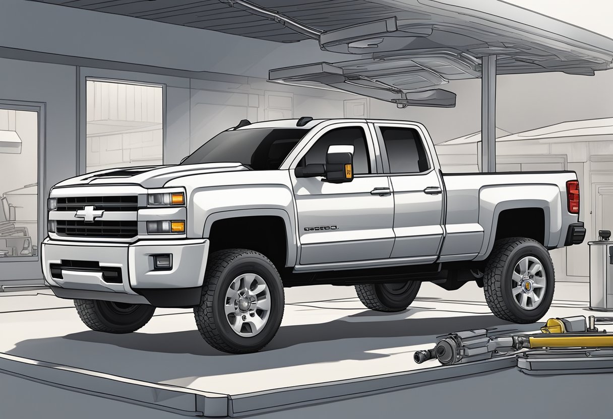 A Chevrolet Silverado 2500 is parked on a level surface. The hood is open, revealing the engine. A mechanic is pouring oil into the engine, following the specified oil capacity guidelines