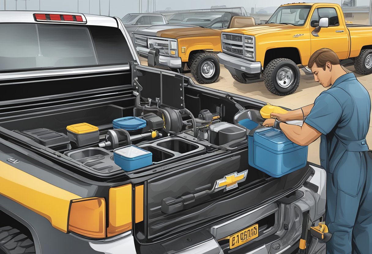 A mechanic pours oil into a Chevrolet Silverado 2500, while a record book displays service intervals and oil capacity