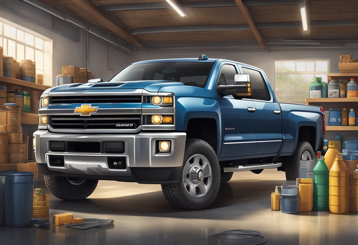 A Chevrolet Silverado 2500 parked in a well-lit garage, surrounded by various oil products and containers, with a focus on quality and capacity