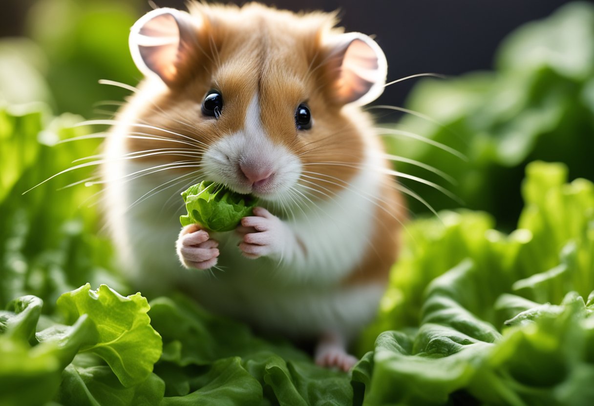 A hamster munches on a leaf of lettuce, its tiny paws holding the green veggie as it nibbles away