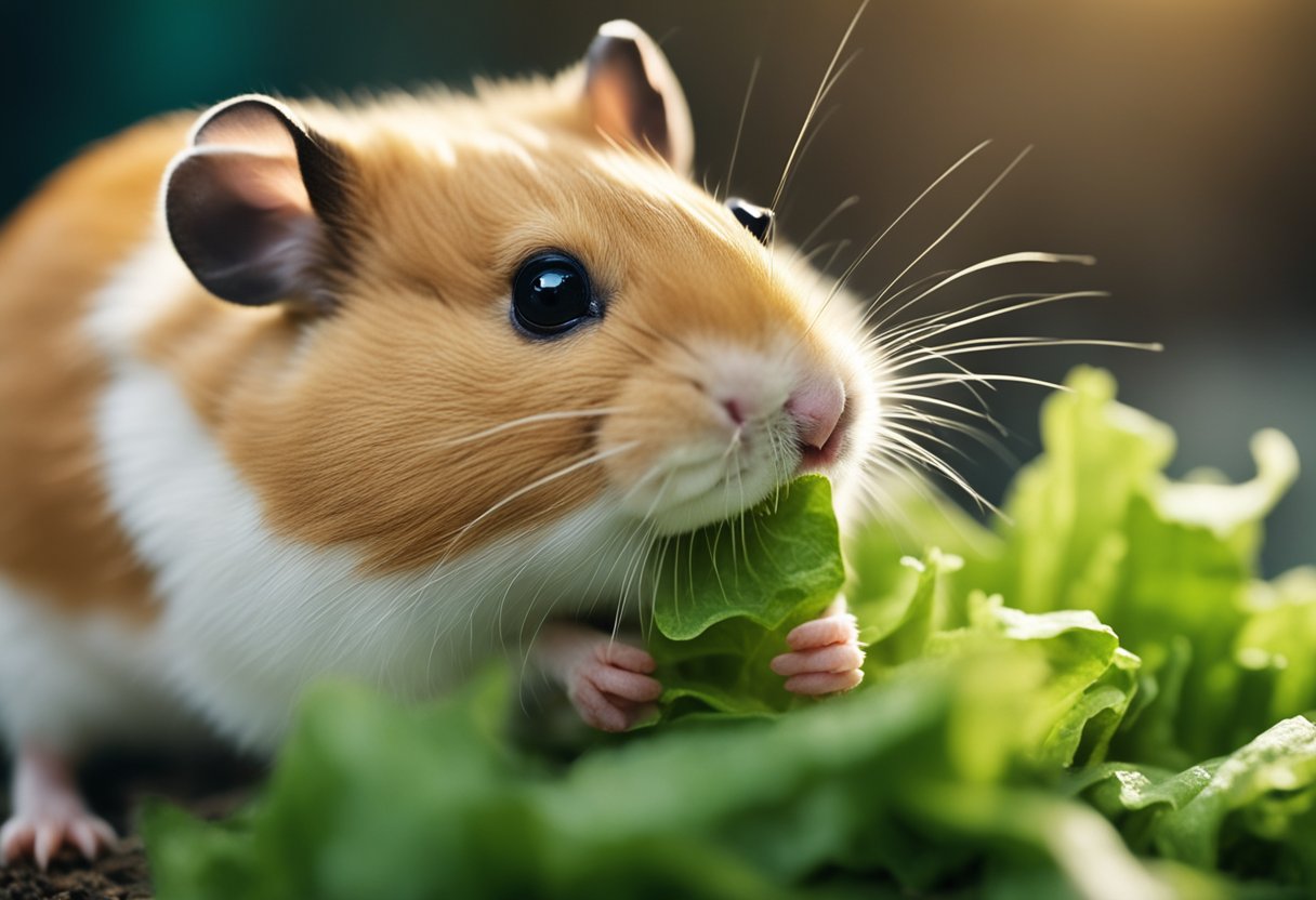 A hamster is munching on a piece of lettuce, its small paws holding the leaf as it nibbles away