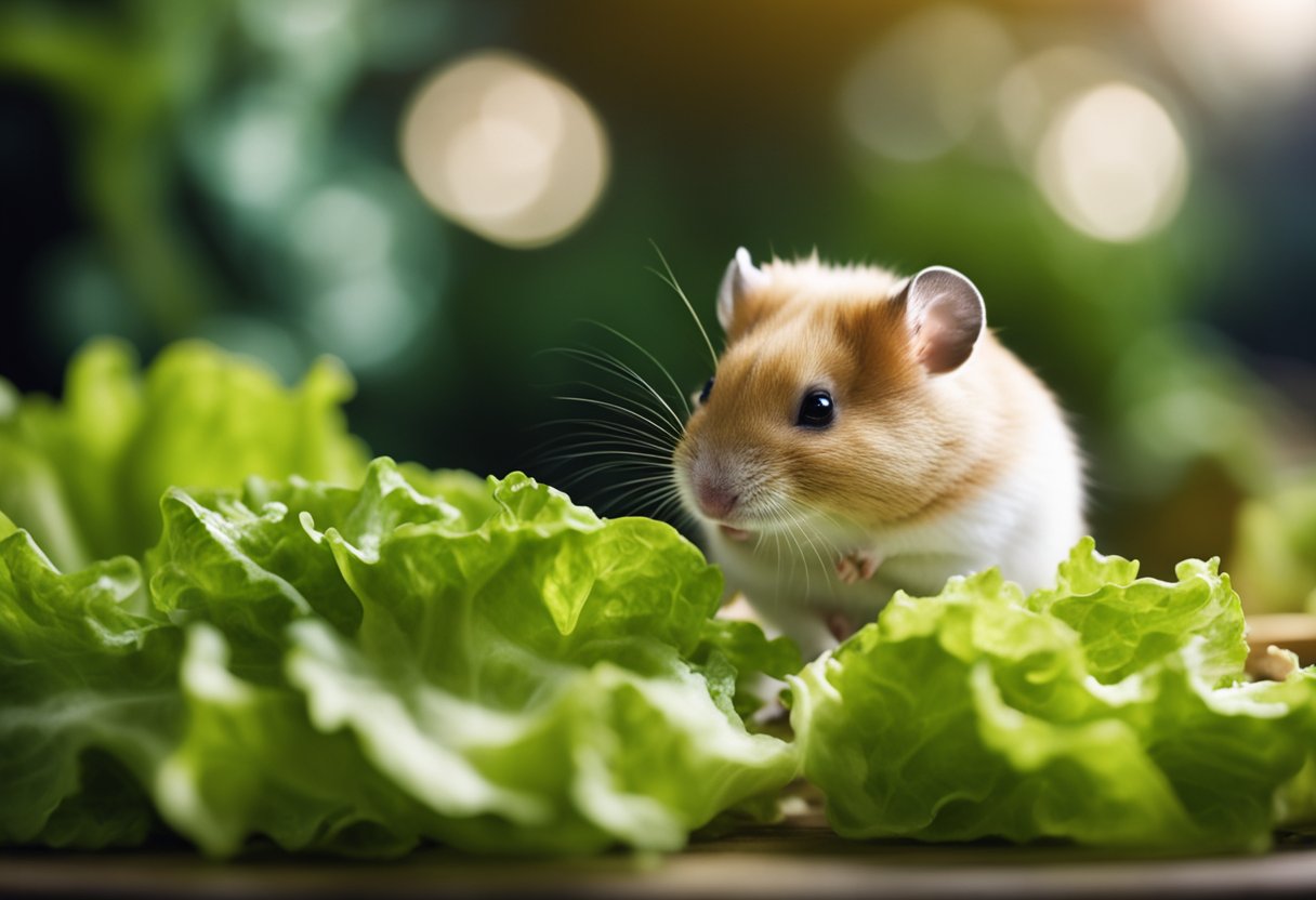 A hamster nibbles on a crisp piece of lettuce
