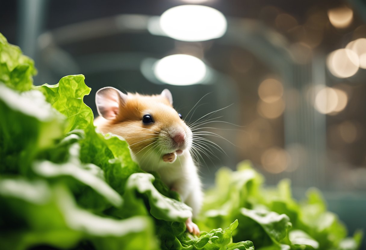 A hamster nibbles on a fresh lettuce leaf, sitting in its cage
