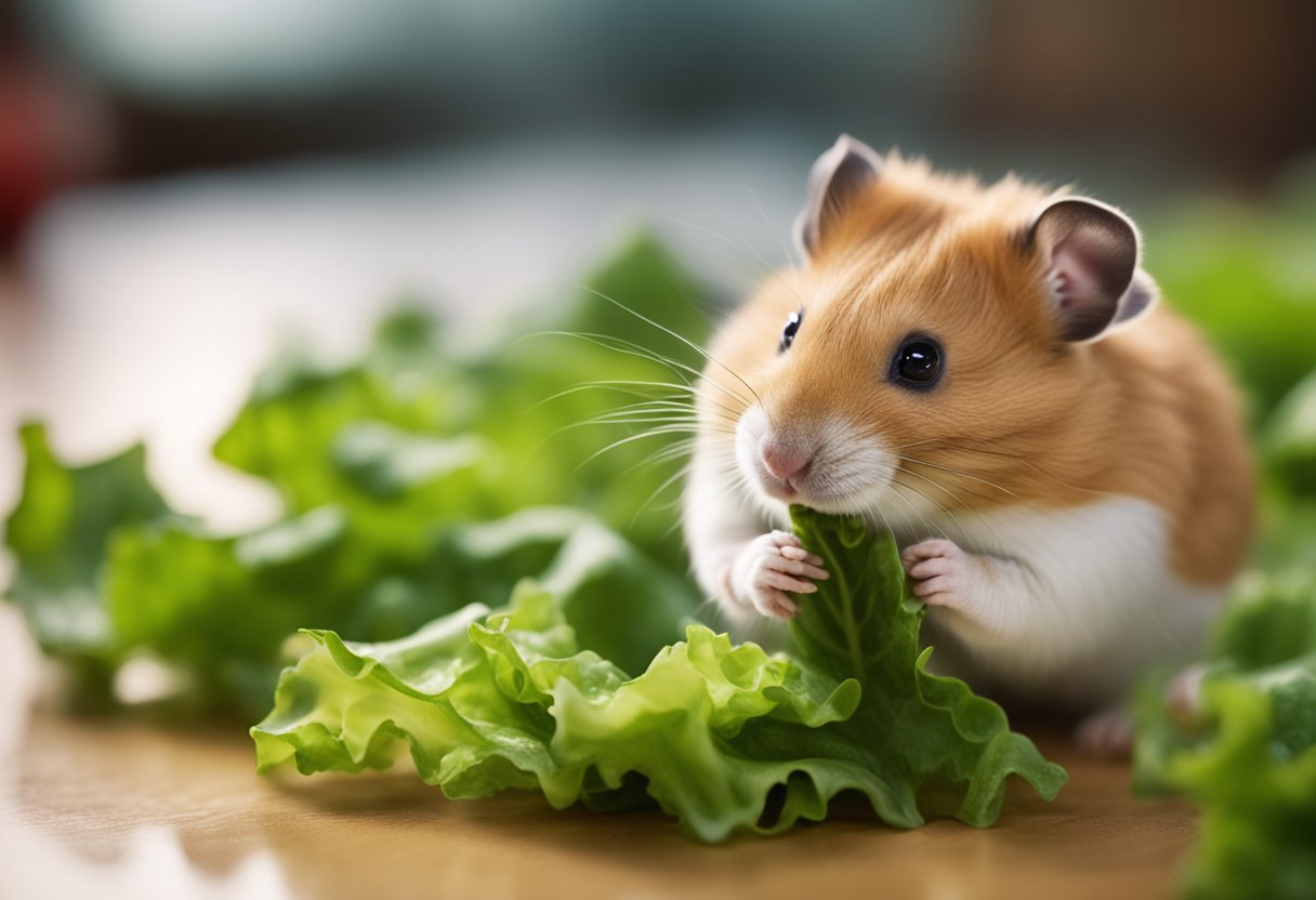 A hamster eagerly nibbles on a crisp piece of lettuce, its tiny paws holding the leaf steady as it munches away
