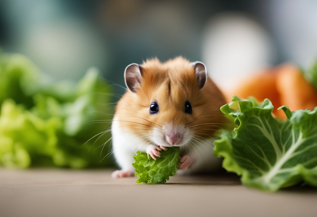 A curious hamster nibbles on a piece of lettuce, its tiny paws holding the leaf as it munches away