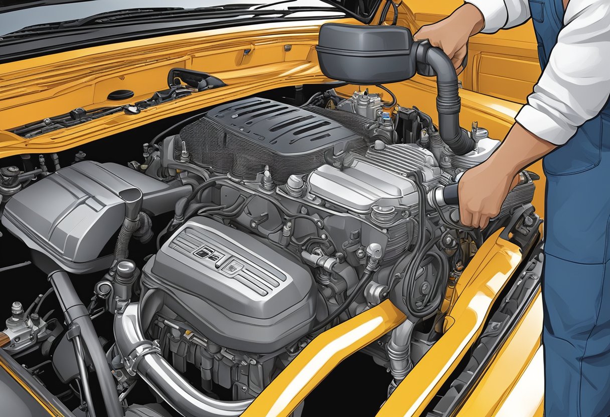 A mechanic pouring motor oil into a Chevrolet Silverado 2500 engine