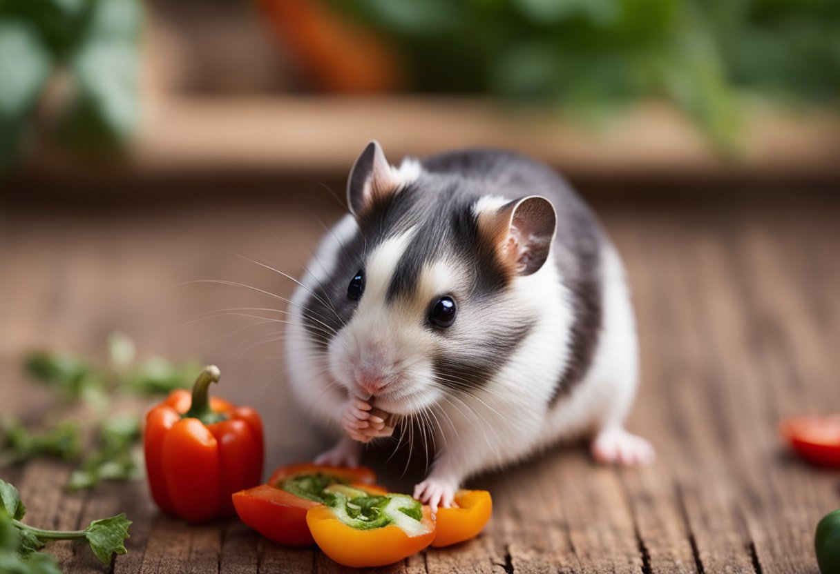 A hamster nibbles on a vibrant red bell pepper, its tiny paws clutching the crunchy vegetable as it takes small bites