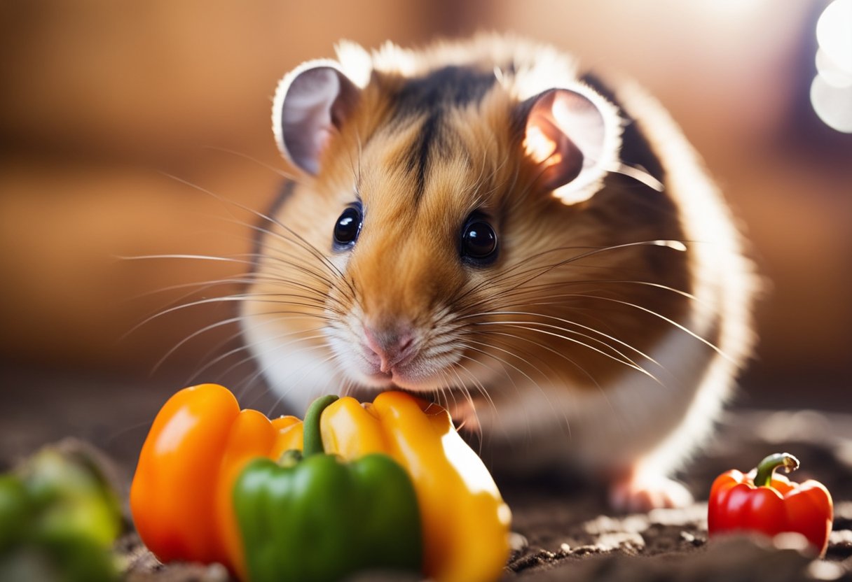 A hamster munches on a colorful bell pepper, showing its nutritional benefits for hamsters