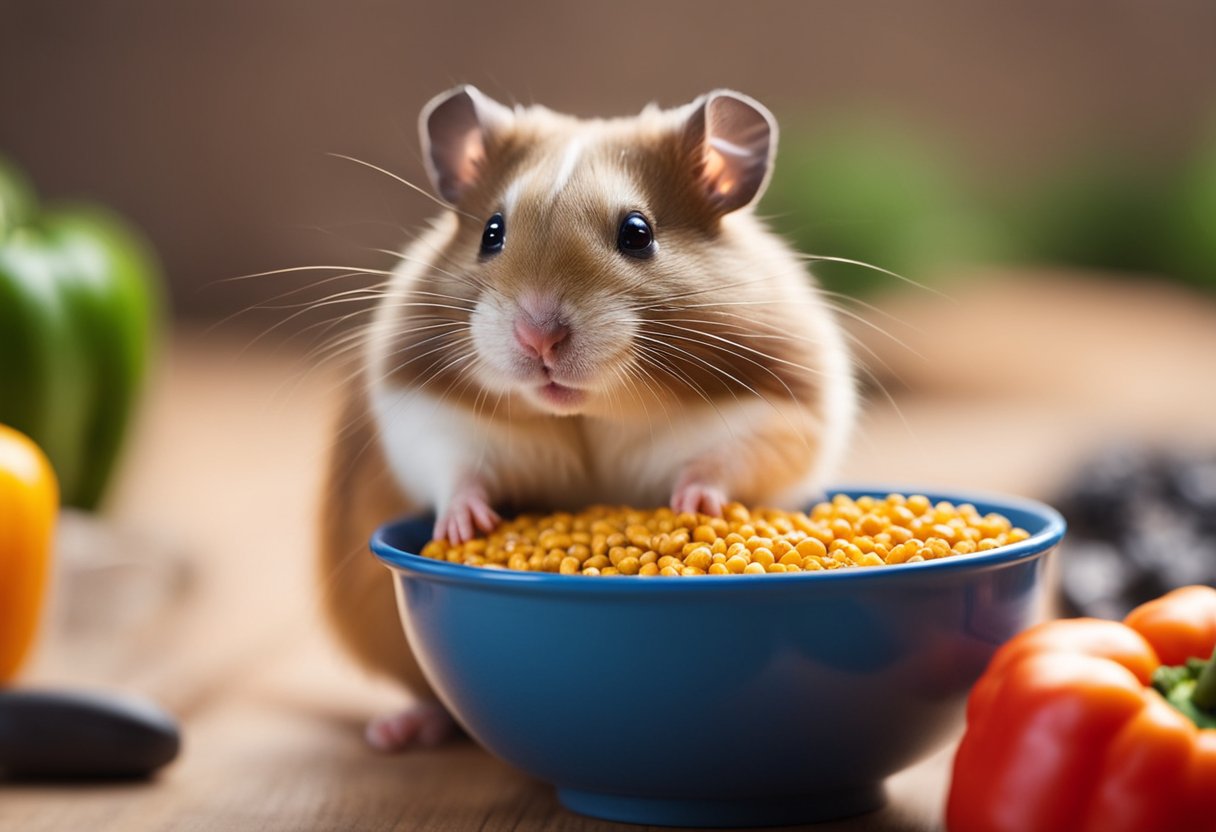 A hamster stands near a bell pepper, with a bowl of pellets nearby. A caution sign is posted with feeding guidelines