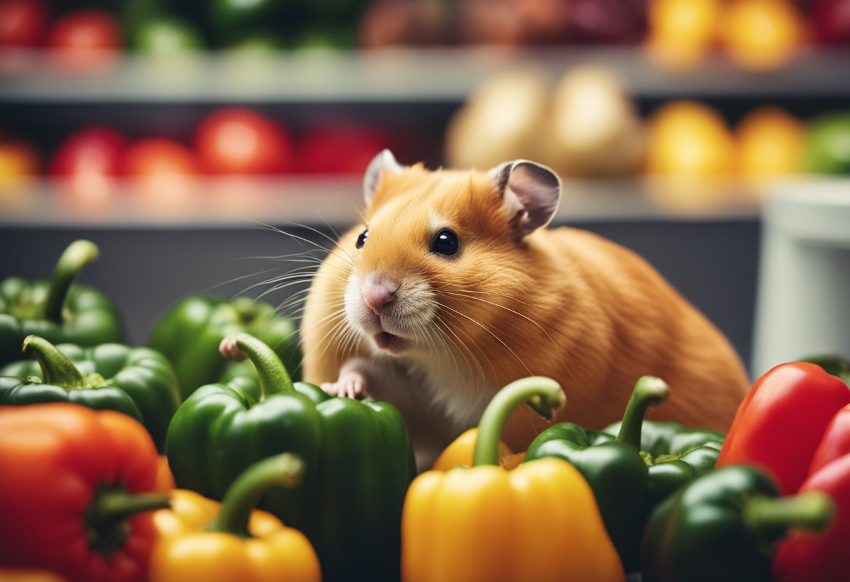 A hamster surrounded by various types of bell peppers, looking at them with curiosity