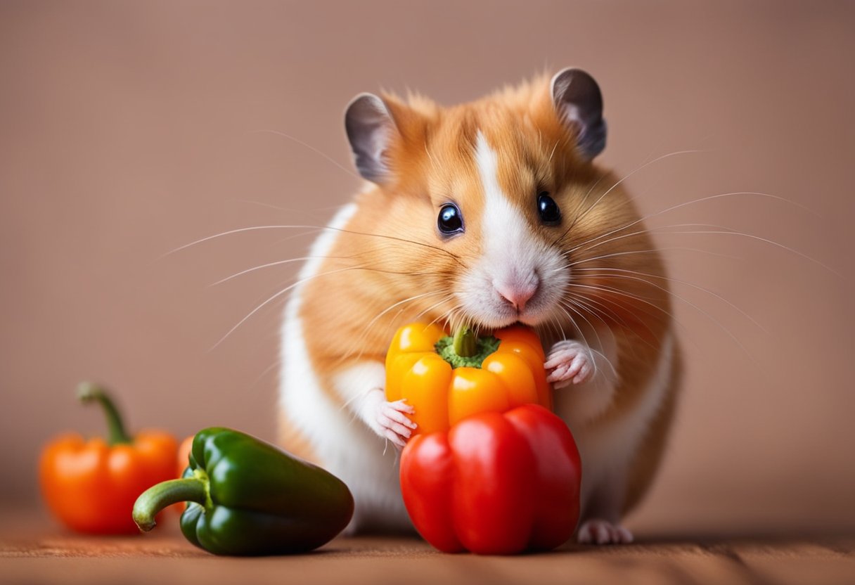 A hamster nibbles on a vibrant bell pepper, its tiny paws holding the crunchy vegetable as it munches away