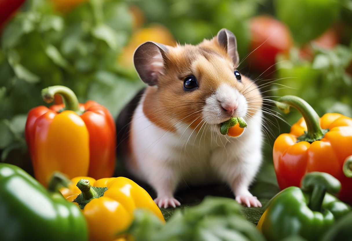 A curious hamster sniffs a colorful bell pepper, while a question mark hovers above its head
