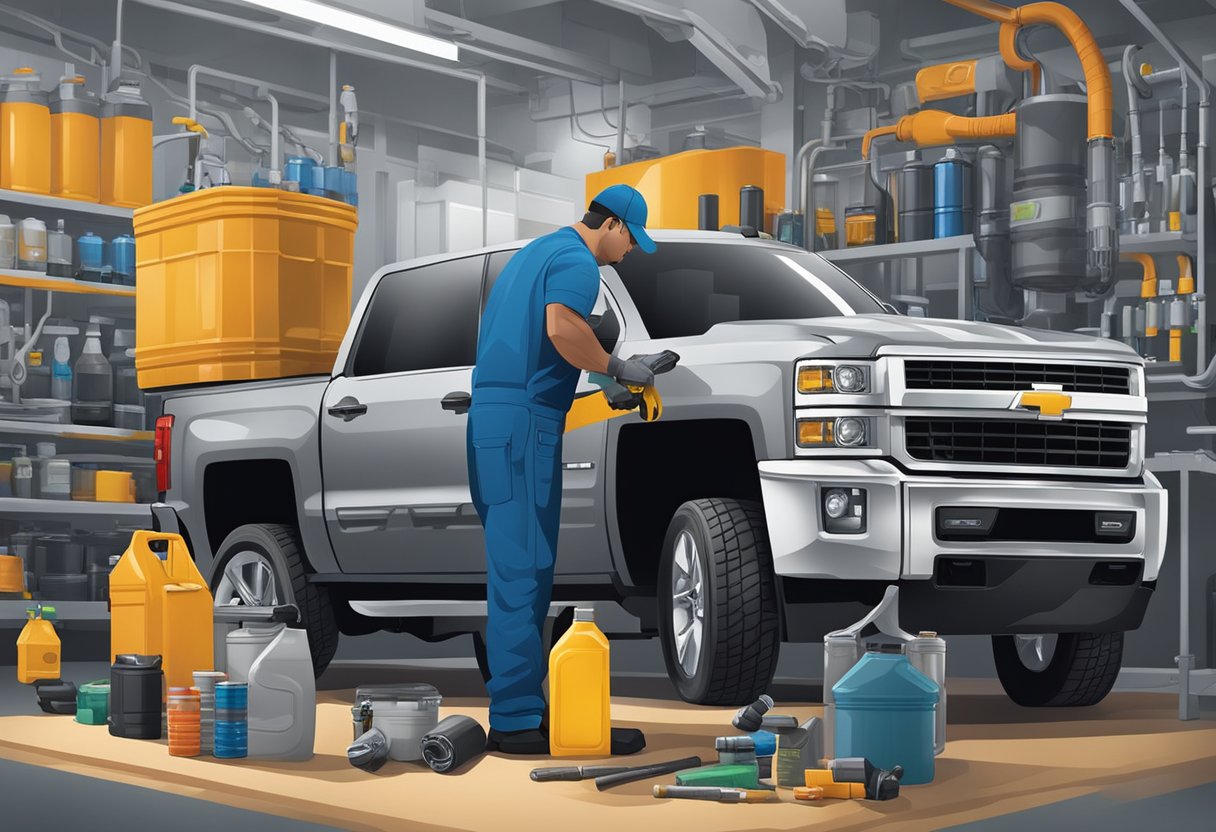 A mechanic pours oil into a Chevrolet Silverado 2500, surrounded by various fluid containers and oil filters