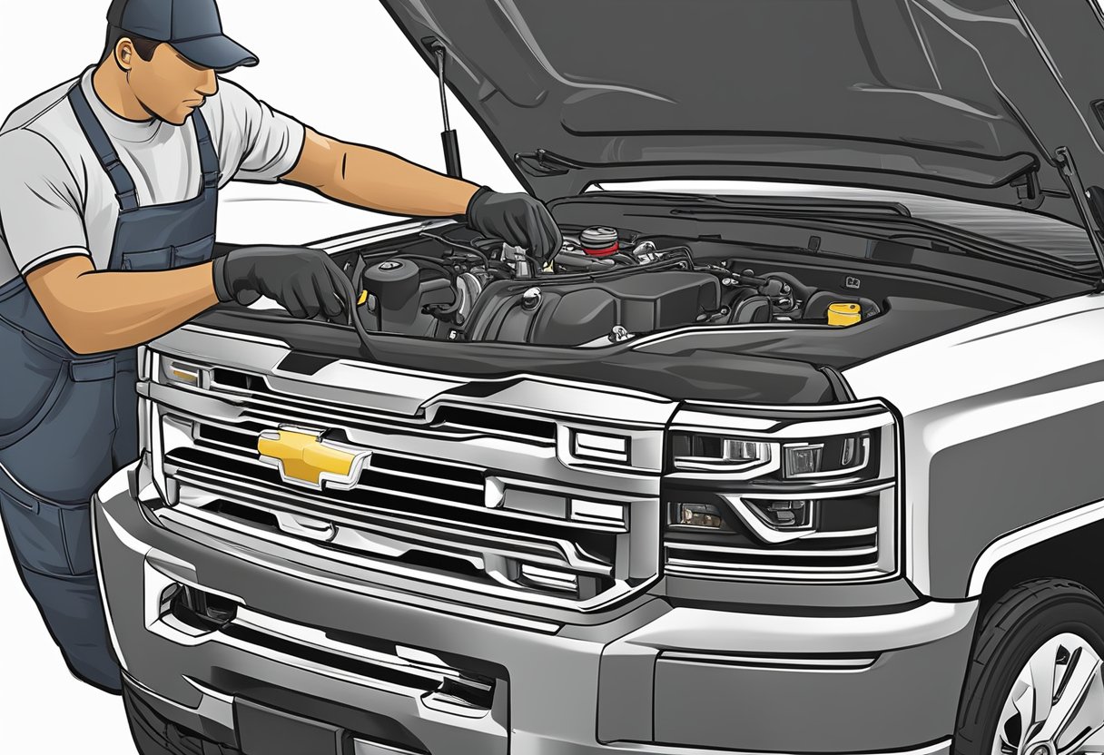 A mechanic pours the recommended 5W-30 motor oil into a Chevrolet Silverado 2500's engine, ensuring proper maintenance