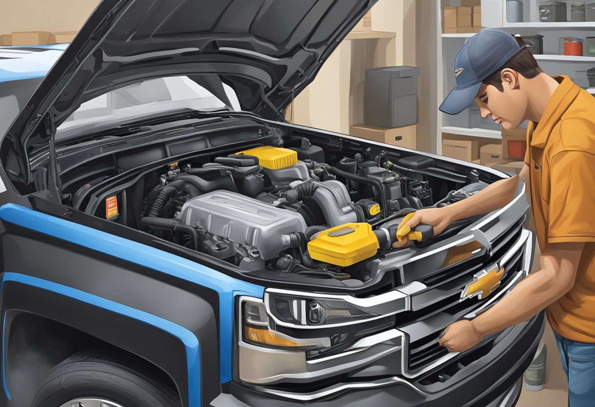 A mechanic pours oil into a Chevrolet Silverado 2500 engine, while a shelf displays various oil and filter options for purchase