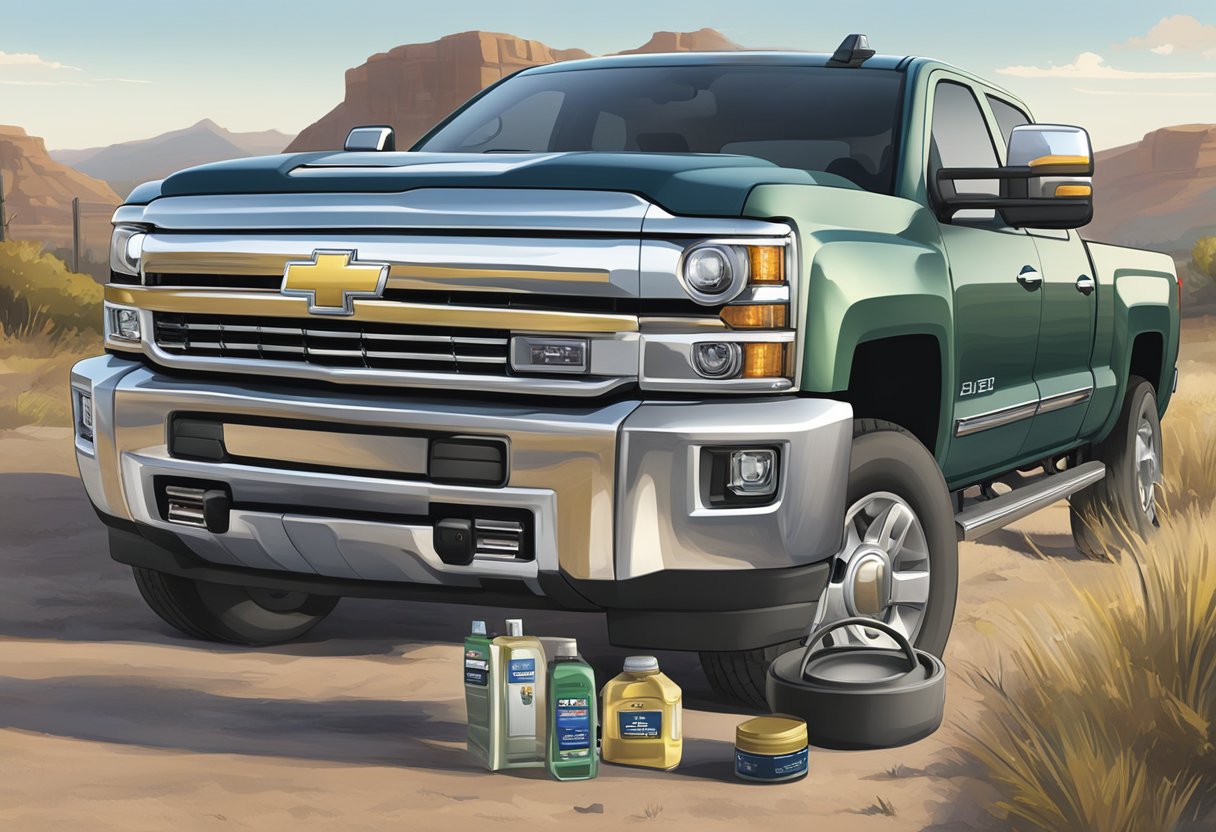 A Chevrolet Silverado 2500 truck with its hood open, displaying the oil cap and a bottle of the recommended oil type nearby