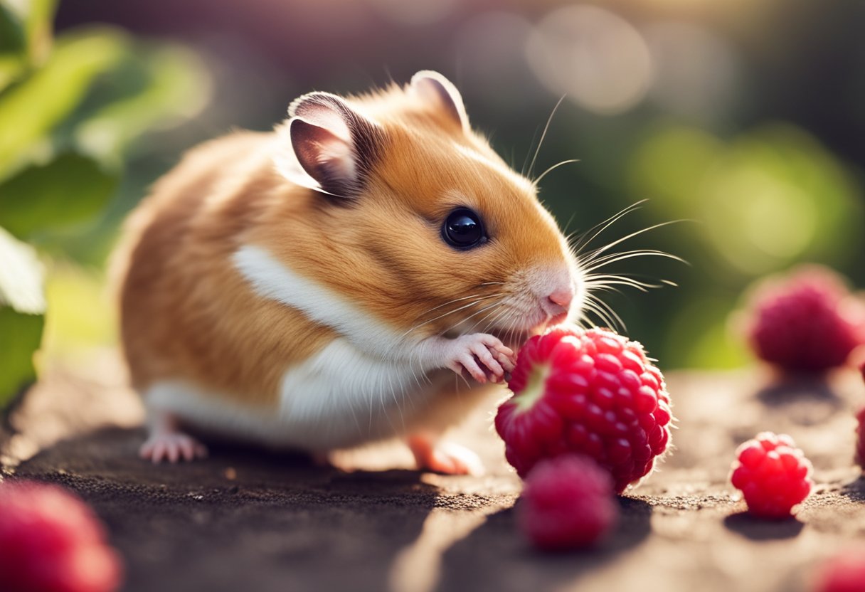 A hamster eagerly nibbles on a juicy raspberry, its tiny paws holding the fruit as it enjoys the sweet taste