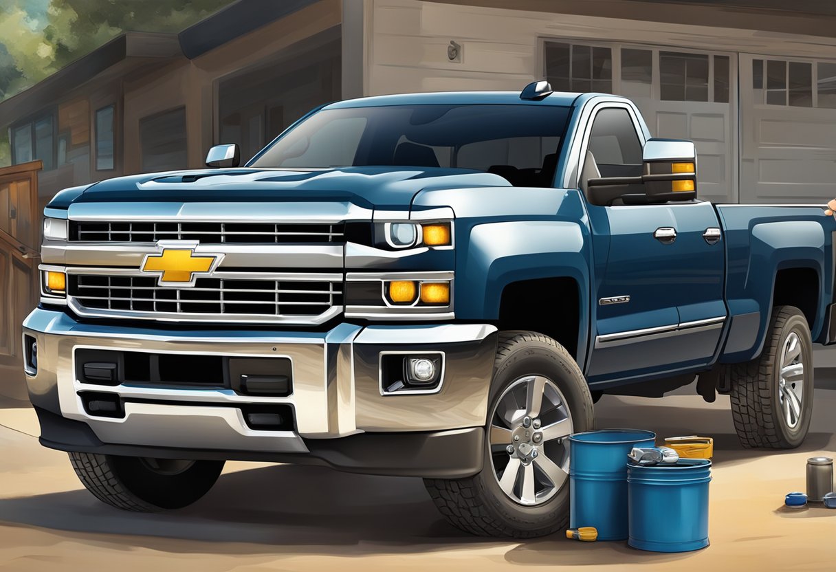 A Chevrolet Silverado 3500 parked next to an oil drum, with the hood open and a mechanic pouring oil into the engine