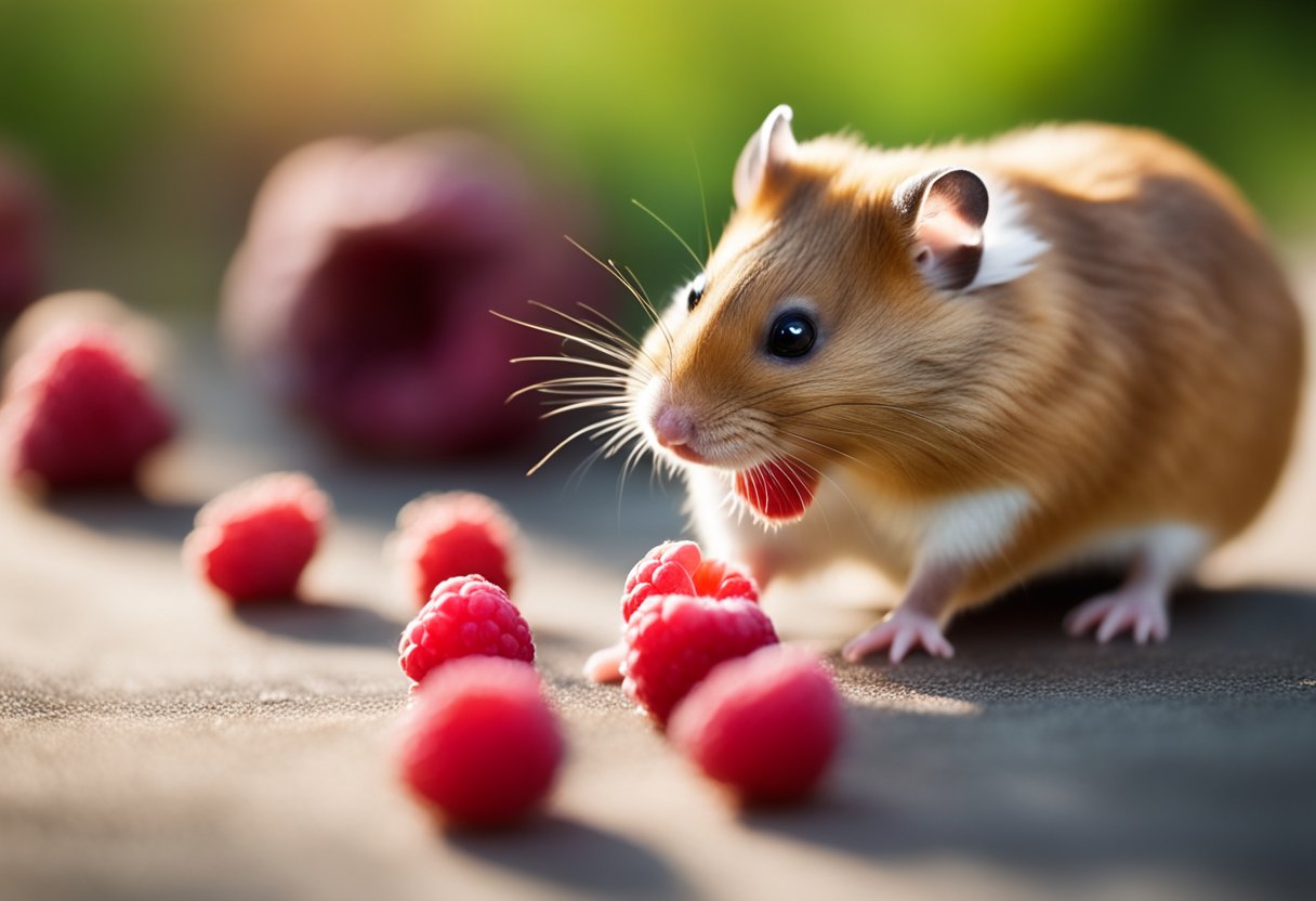 A hamster snacking on fresh raspberries, its tiny paws holding the juicy fruit as it nibbles away