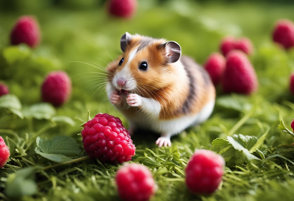 A hamster cautiously nibbles on a fresh raspberry, while a sign nearby lists feeding guidelines and precautions