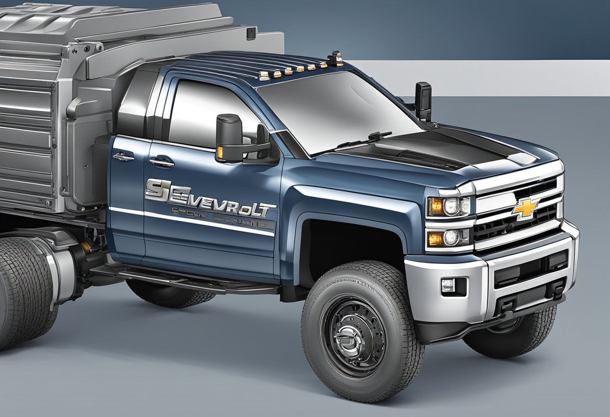 The Chevrolet Silverado 3500 engine specifications show the oil capacity. The scene could depict a labeled oil reservoir being filled