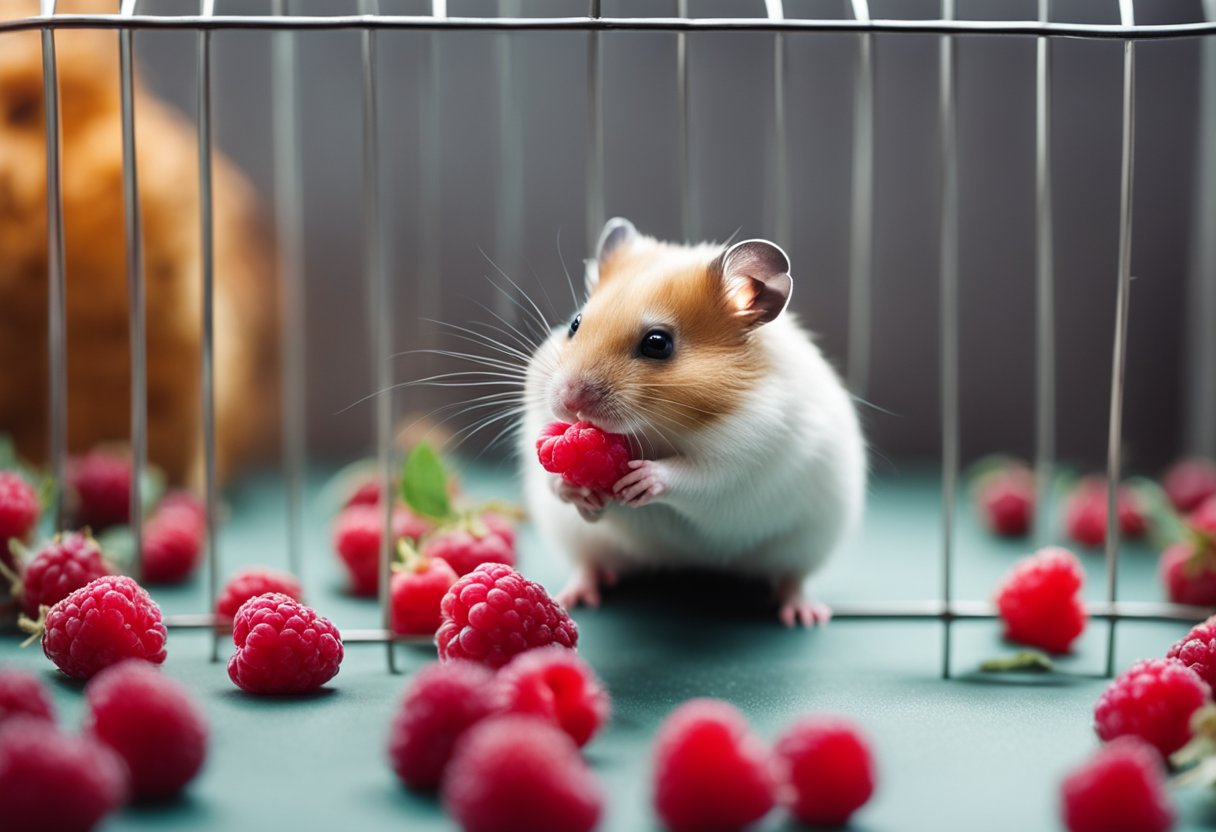 A hamster sits in a cage, surrounded by raspberries. It nibbles on one, while others lay scattered nearby
